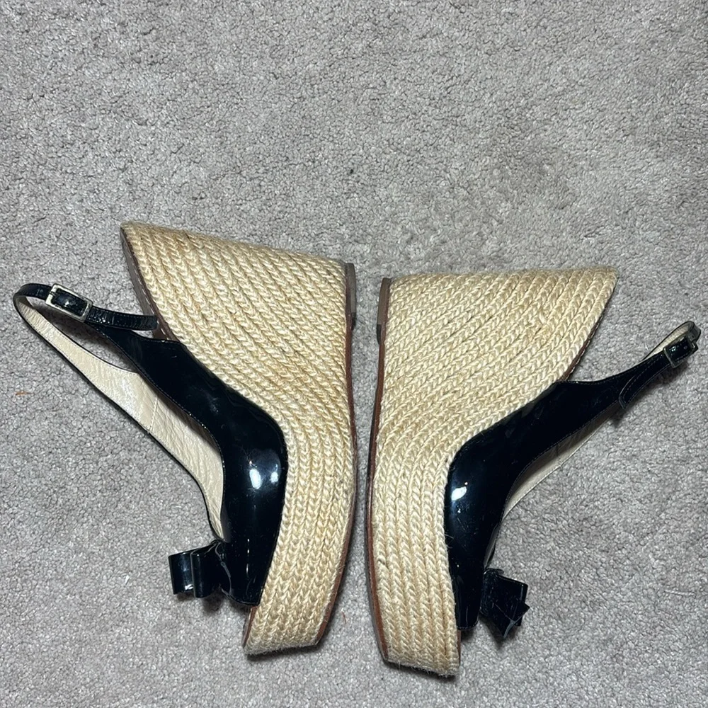 kate spade black patent leather bow platform wedge espadrille open toe heel 9